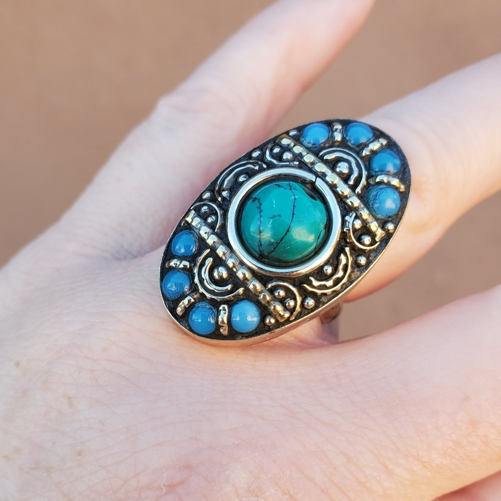 New Beaded Turquoise and Bronze Adjustable Ring.